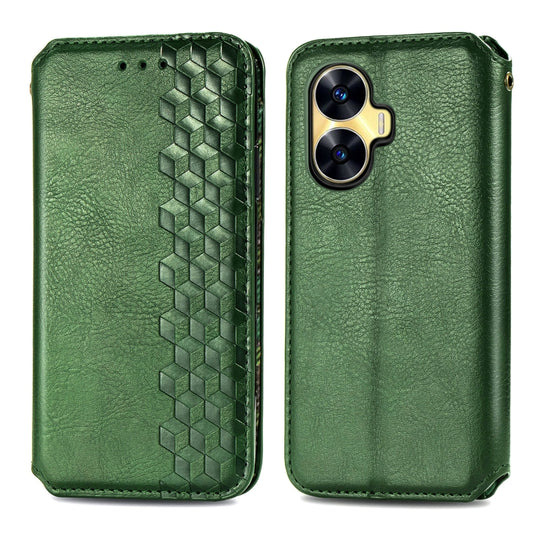 For Realme C55 Cubic Grid Pressed Magnetic Leather Phone Case(Green) by bashfashion