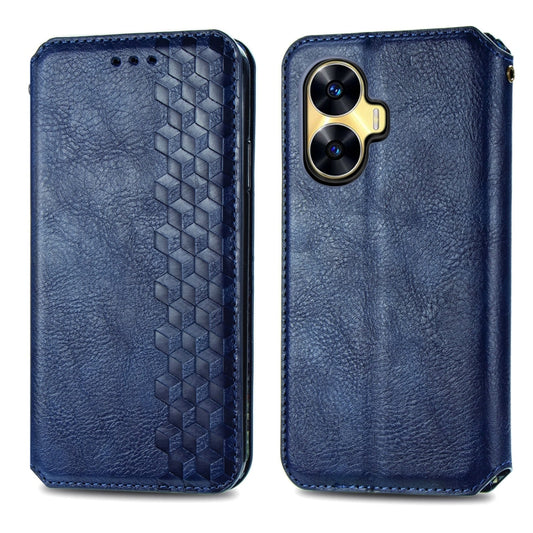 For Realme C55 Cubic Grid Pressed Magnetic Leather Phone Case(Blue) by bashfashion