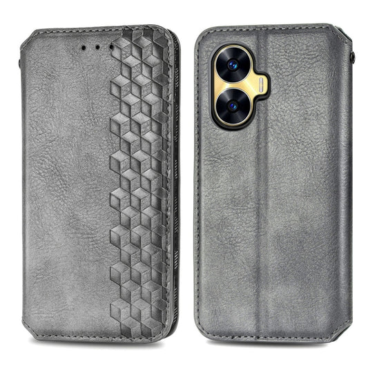 For Realme C55 Cubic Grid Pressed Magnetic Leather Phone Case(Gray) by bashfashion