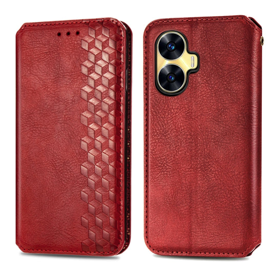 For Realme C55 Cubic Grid Pressed Magnetic Leather Phone Case(Red) by bashfashion