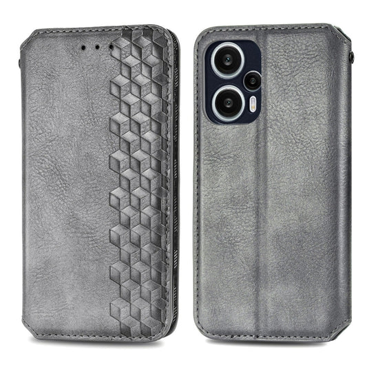 For Redmi Note 12 Turbo Cubic Grid Pressed Magnetic Leather Phone Case(Gray) by bashfashion
