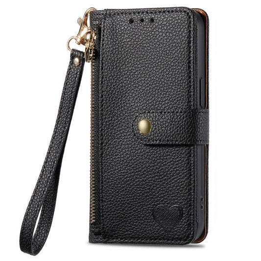 For iPhone 16e Love Zipper Lanyard Leather Phone Case(Black) by bashfashion