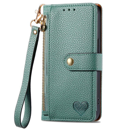 For iPhone 16e Love Zipper Lanyard Leather Phone Case(Green) by bashfashion