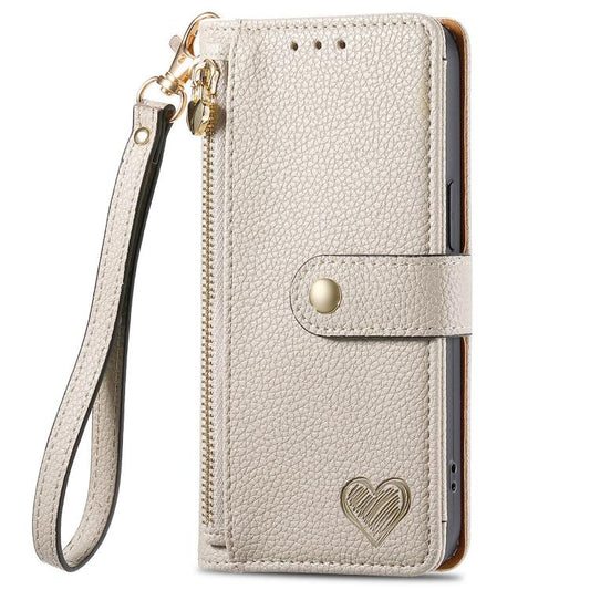 For iPhone 16e Love Zipper Lanyard Leather Phone Case(Gray) by bashfashion
