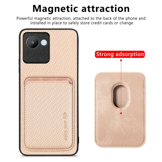 For Realme C30 Carbon Fiber Leather Card Magsafe Phone Case(Khaki) by bashfashion