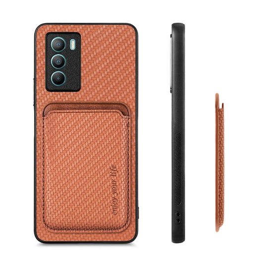 For vivo T1 Carbon Fiber Leather Card Magsafe Phone Case(Brown) by bashfashion