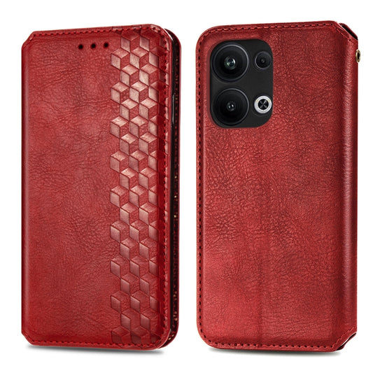 For OPPO Reno9 Pro+ Cubic Grid Pressed Magnetic Leather Phone Case(Red) by bashfashion