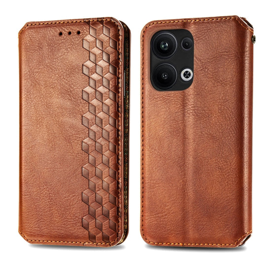 For OPPO Reno9 Pro+ Cubic Grid Pressed Magnetic Leather Phone Case(Brown) by bashfashion