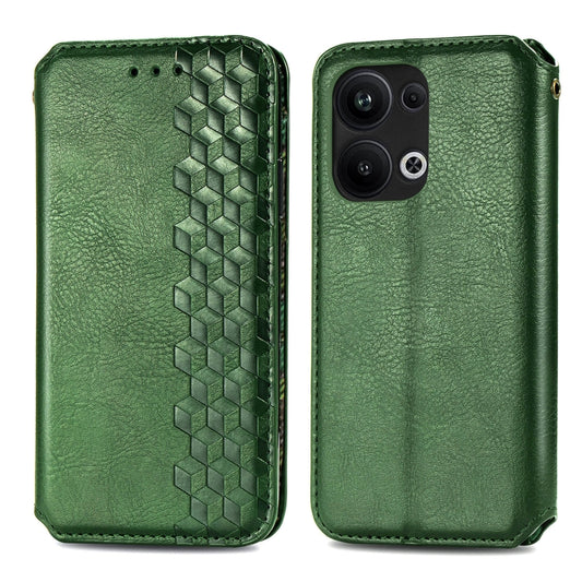 For OPPO Reno9 Pro+ Cubic Grid Pressed Magnetic Leather Phone Case(Green) by bashfashion