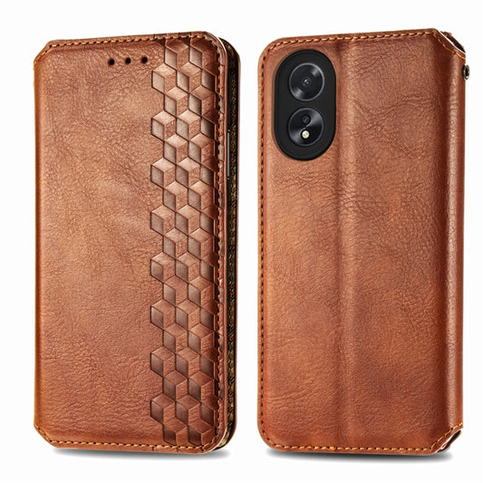 For OPPO A38 Cubic Grid Pressed Magnetic Leather Phone Case(Brown) by bashfashion