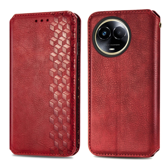 For Realme 11 5G Global Cubic Grid Pressed Magnetic Leather Phone Case(Red) by bashfashion