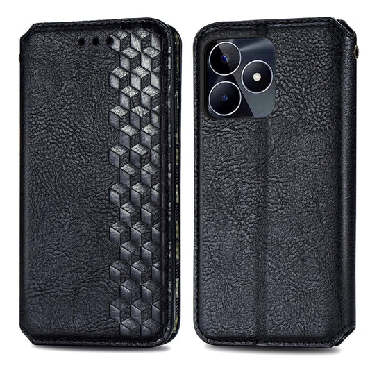 For Realme C53 Cubic Grid Pressed Magnetic Leather Phone Case(Black) by bashfashion