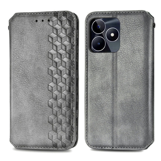 For Realme C53 Cubic Grid Pressed Magnetic Leather Phone Case(Grey) by bashfashion