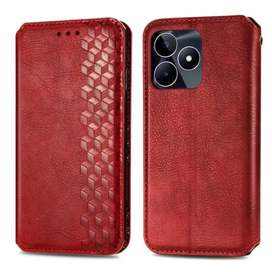 For Realme C53 Cubic Grid Pressed Magnetic Leather Phone Case(Red) by bashfashion