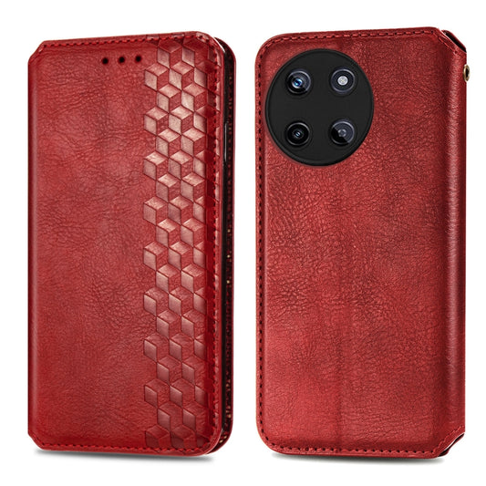 For Realme 11 4G Global Cubic Grid Pressed Magnetic Leather Phone Case(Red) by bashfashion