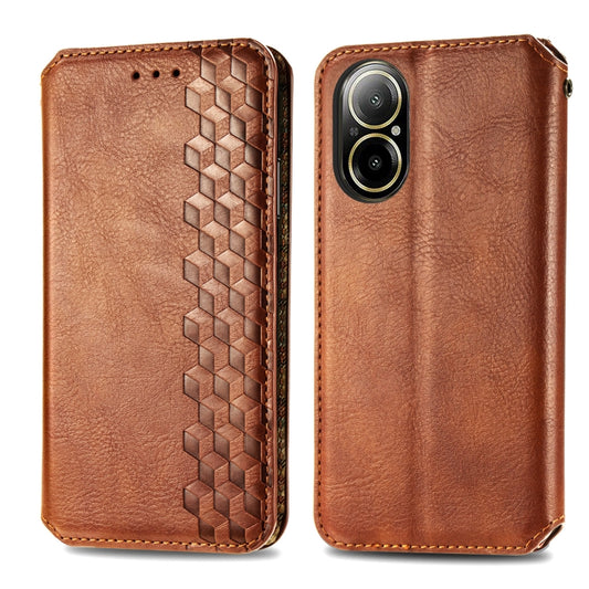 For Realme C67 4G Cubic Grid Pressed Magnetic Leather Phone Case(Brown) by bashfashion