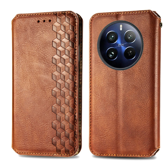 For Realme 12 Pro Cubic Grid Pressed Magnetic Leather Phone Case(Brown) by bashfashion