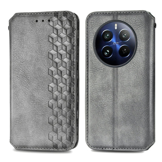For Realme 12 Pro Cubic Grid Pressed Magnetic Leather Phone Case(Grey) by bashfashion