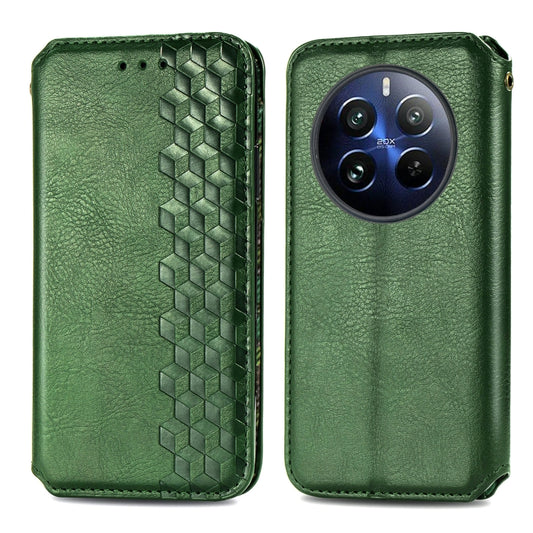 For Realme 12 Pro Cubic Grid Pressed Magnetic Leather Phone Case(Green) by bashfashion