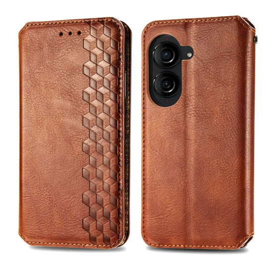 For ASUS Zenfone 10 Cubic Grid Pressed Magnetic Leather Phone Case(Brown) by bashfashion