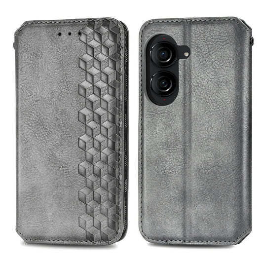 For ASUS Zenfone 10 Cubic Grid Pressed Magnetic Leather Phone Case(Grey) by bashfashion