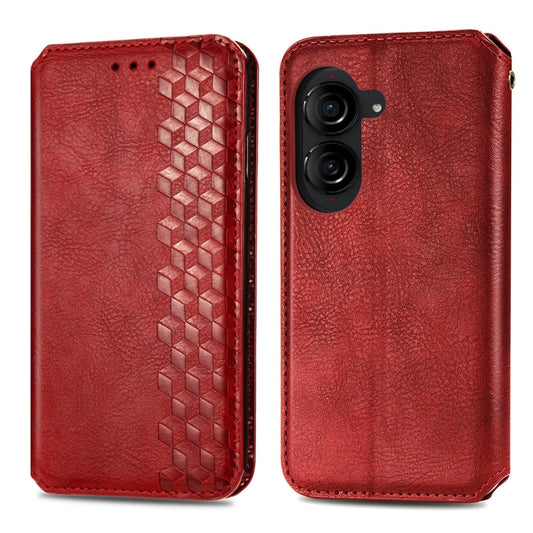 For ASUS Zenfone 10 Cubic Grid Pressed Magnetic Leather Phone Case(Red) by bashfashion