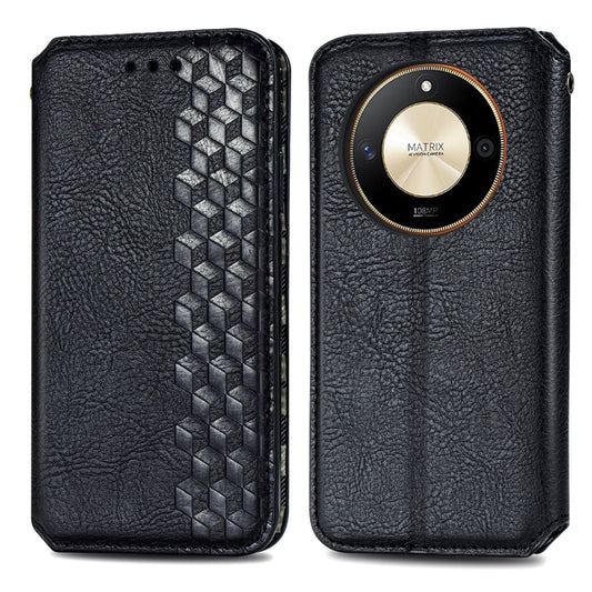 For Honor X50 Cubic Grid Pressed Magnetic Leather Phone Case(Black) by bashfashion