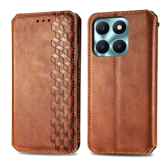 For Honor X6a Cubic Grid Pressed Magnetic Leather Phone Case(Brown) by bashfashion