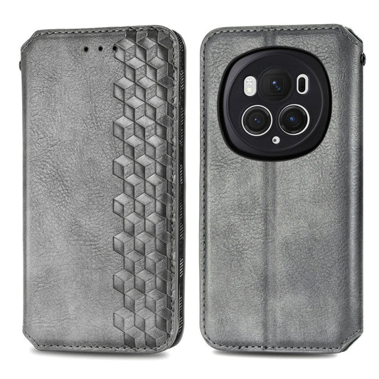 For Honor Magic6 Pro Cubic Grid Pressed Magnetic Leather Phone Case(Grey) by bashfashion