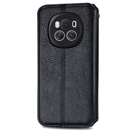 For Honor Magic6 Cubic Grid Pressed Magnetic Leather Phone Case(Black) by bashfashion