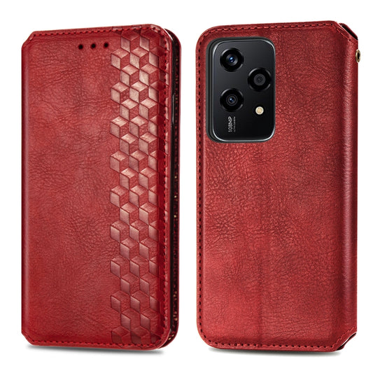 For Honor 200 Lite Global Cubic Grid Pressed Magnetic Leather Phone Case(Red) by bashfashion