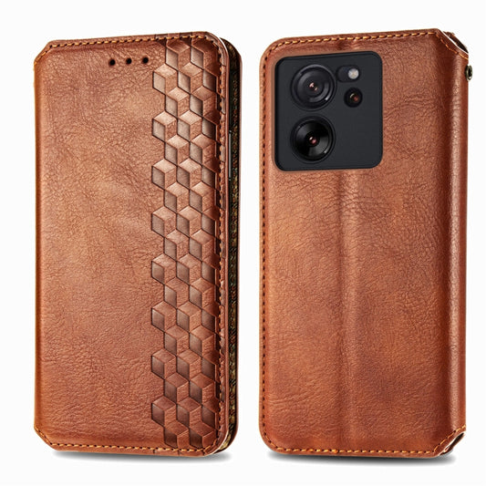 For Xiaomi 13T / 13T Pro Cubic Grid Pressed Magnetic Leather Phone Case(Brown) by bashfashion