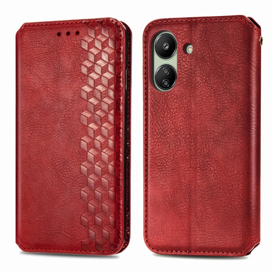 For Xiaomi Redmi 13C Cubic Grid Pressed Magnetic Leather Phone Case(Red) by bashfashion
