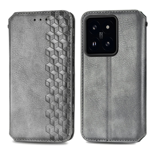 For Xiaomi 14 Cubic Grid Pressed Magnetic Leather Phone Case(Grey) by bashfashion