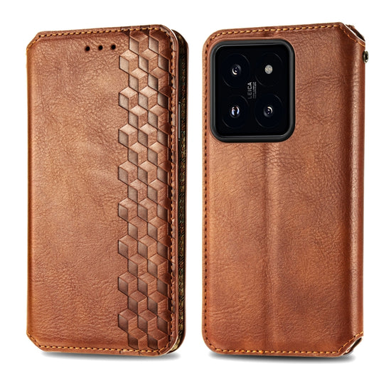 For Xiaomi 14 Cubic Grid Pressed Magnetic Leather Phone Case(Brown) by bashfashion