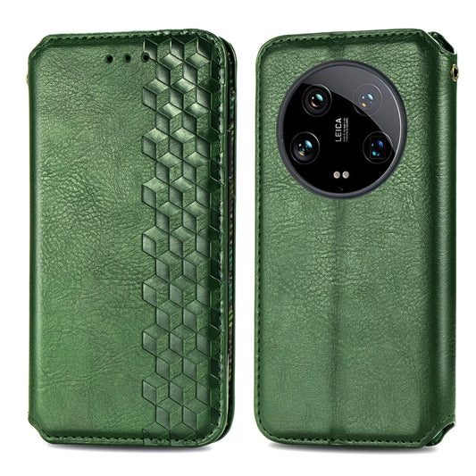 For Xiaomi 14 Ultra Cubic Grid Pressed Magnetic Leather Phone Case(Green) by bashfashion