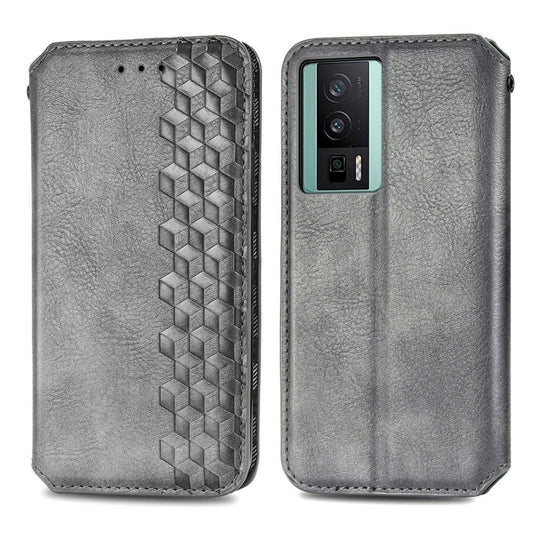 For Xiaomi Poco F5 Pro Cubic Grid Pressed Magnetic Leather Phone Case(Grey) by bashfashion