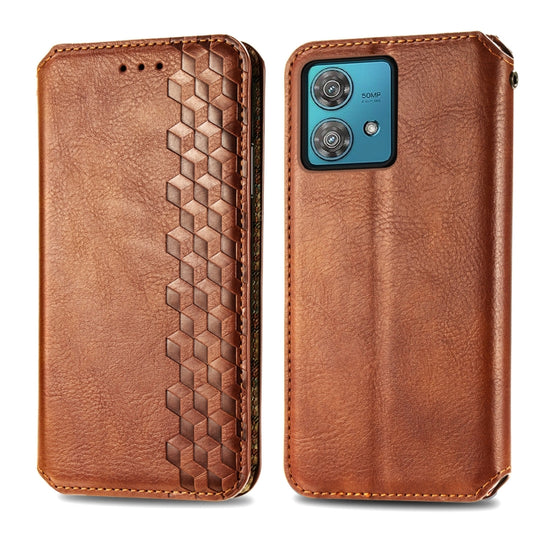 For Motorola Edge 40 Neo Cubic Grid Pressed Magnetic Leather Phone Case(Brown) by bashfashion