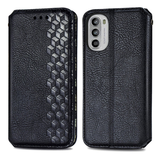 For Motorola Moto G52 Cubic Grid Pressed Magnetic Leather Phone Case(Black) by bashfashion
