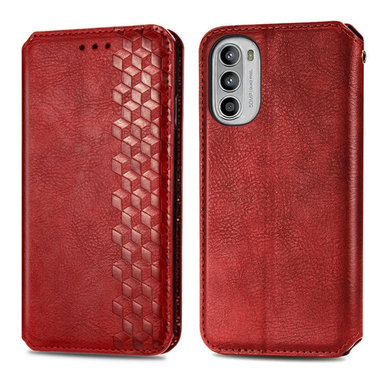 For Motorola Moto G52 Cubic Grid Pressed Magnetic Leather Phone Case(Red) by bashfashion