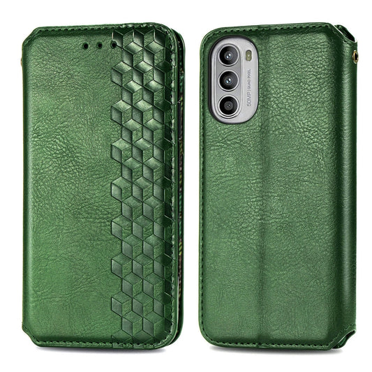 For Motorola Moto G52 Cubic Grid Pressed Magnetic Leather Phone Case(Green) by bashfashion