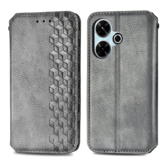 For Redmi 13 4G Cubic Grid Pressed Magnetic Leather Phone Case(Gray) by bashfashion