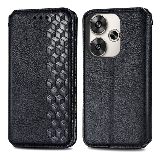 For Redmi Turbo 3 5G Cubic Grid Pressed Magnetic Leather Phone Case(Black) by bashfashion
