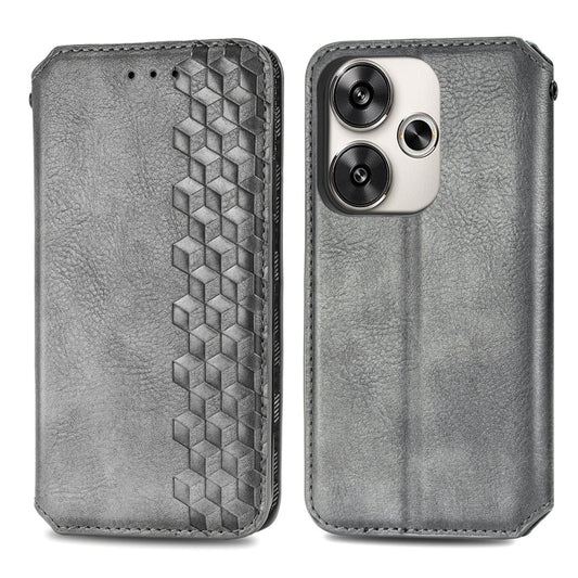 For Redmi Turbo 3 5G Cubic Grid Pressed Magnetic Leather Phone Case(Gray) by bashfashion