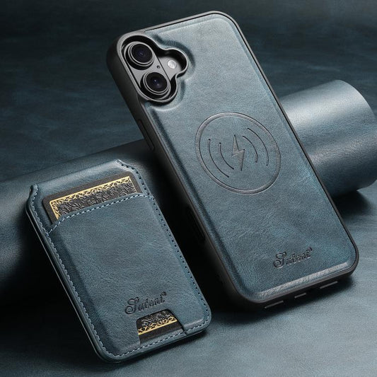 For iPhone 17 Suteni H15 MagSafe Oil Eax Leather Detachable Wallet Back Phone Case(Blue) by Suteni