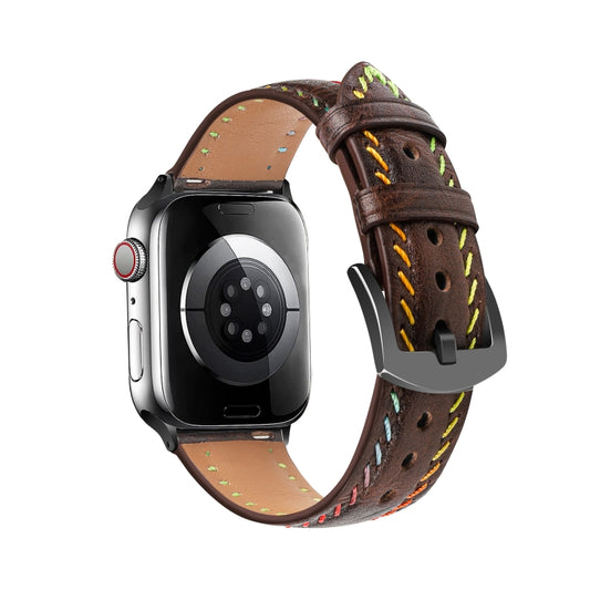 For Apple Watch Series 7 45mm Colorful Sewing Thread Leather Watch Band(Dark Brown) by bashfashion