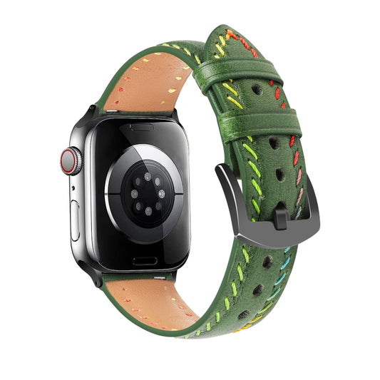 For Apple Watch Series 4 44mm Colorful Sewing Thread Leather Watch Band(Green) by bashfashion