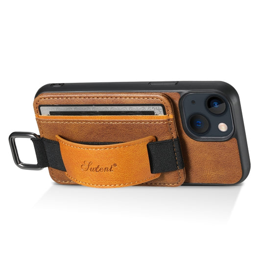 For iPhone 15 Plus Suteni H13 Card Wallet Wrist Strap Holder PU Phone Case(Brown) by Suteni