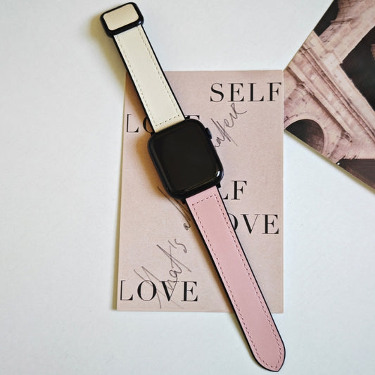 For Apple Watch SE 2023 44mm Fold Magnetic Square Buckle PU Silicone Watch Band(Pink White) by bashfashion