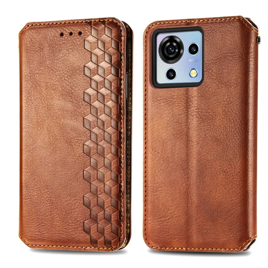 For ZTE Blade V50 Vita Cubic Grid Pressed Magnetic Leather Phone Case(Brown) by bashfashion